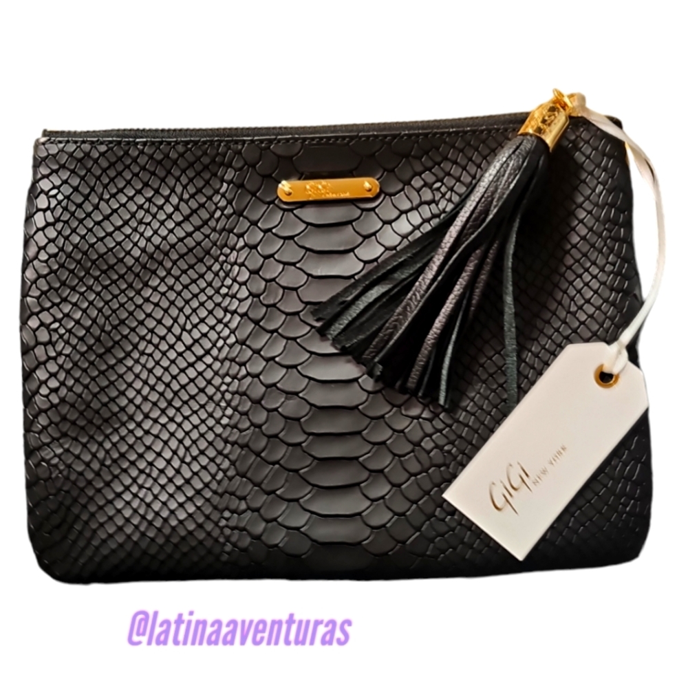 GiGi New York Python Leather Embossed Zip All-In-One Tassel Clutch Bag Black